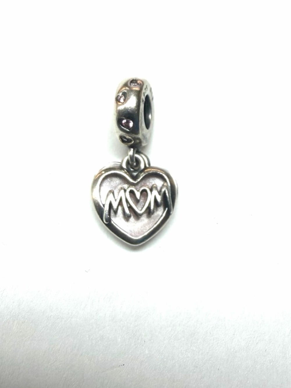 Pandora Sterling Silver Mom Script Heart Dangle Charm #798887C01